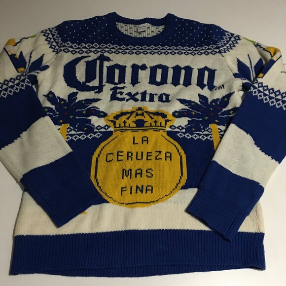 Corona Extra Beer Palm Trees Sweater Mens Sz M Logo Ugly Christmas Blue White - Picture 1 of 6